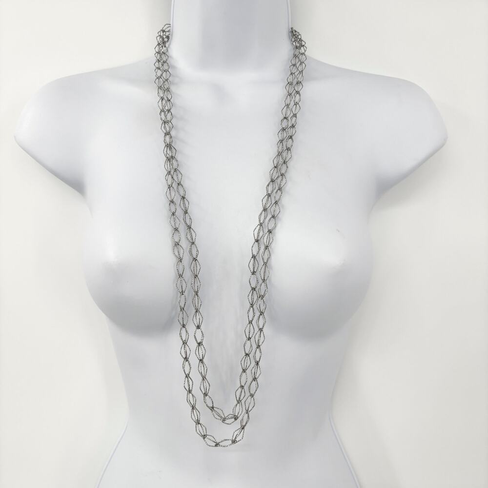 Natasha Silver-tone Woven Link Necklace – 36" Length, Two Strand, Textured Links